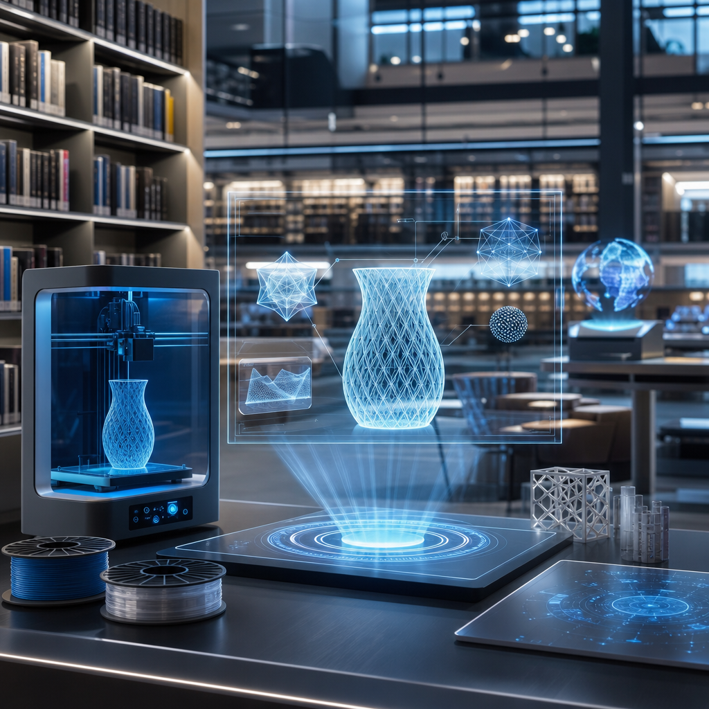 Arte conceptual de hologramas imprimibles fusionando impresión 3D y holografía en una biblioteca tecnológica futurista