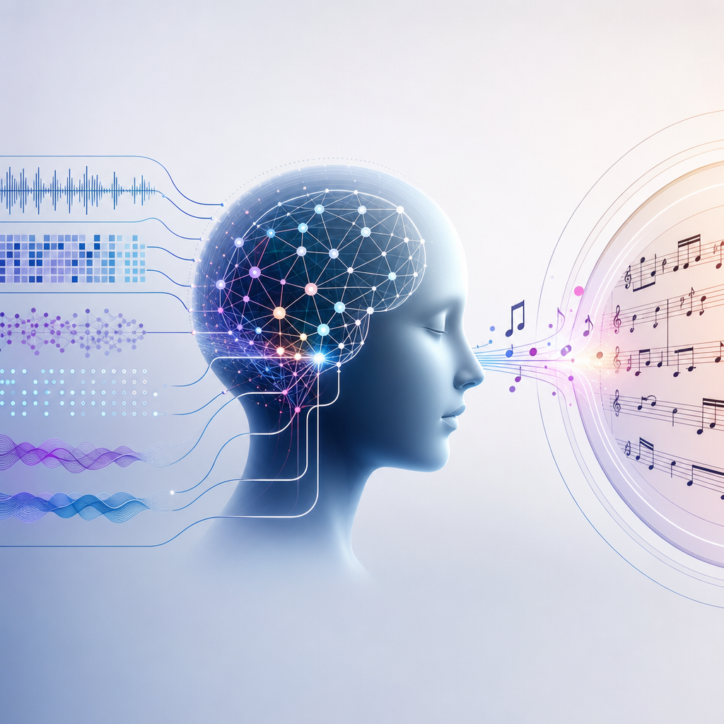 Ilustración del proceso creativo de una IA componiendo música usando redes neuronales y patrones de datos