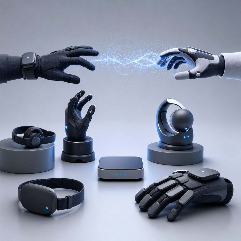 Un conjunto de dispositivos hápticos mostrando tecnología avanzada en comunicación digital a través del tacto