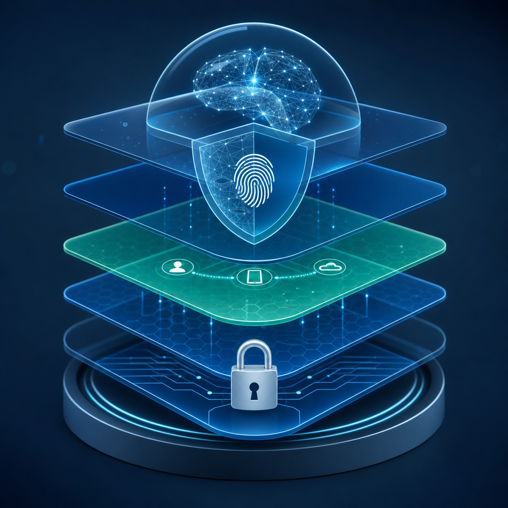 Diagrama artístico de capas de seguridad en ecosistemas digitales con IA, biometría y encriptación
