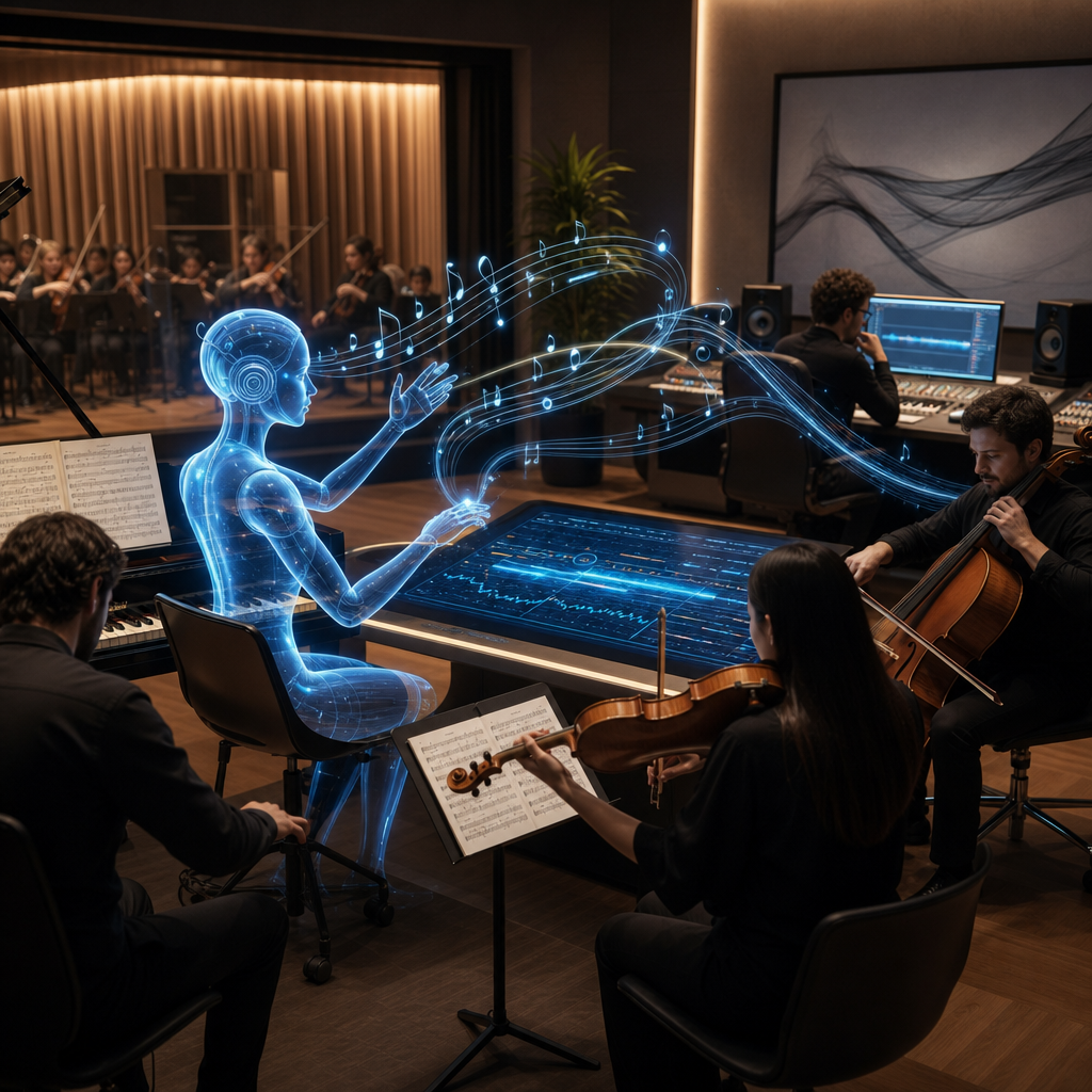 AI creativa colaborando con músicos humanos en estudio moderno generando sinfonías nuevas