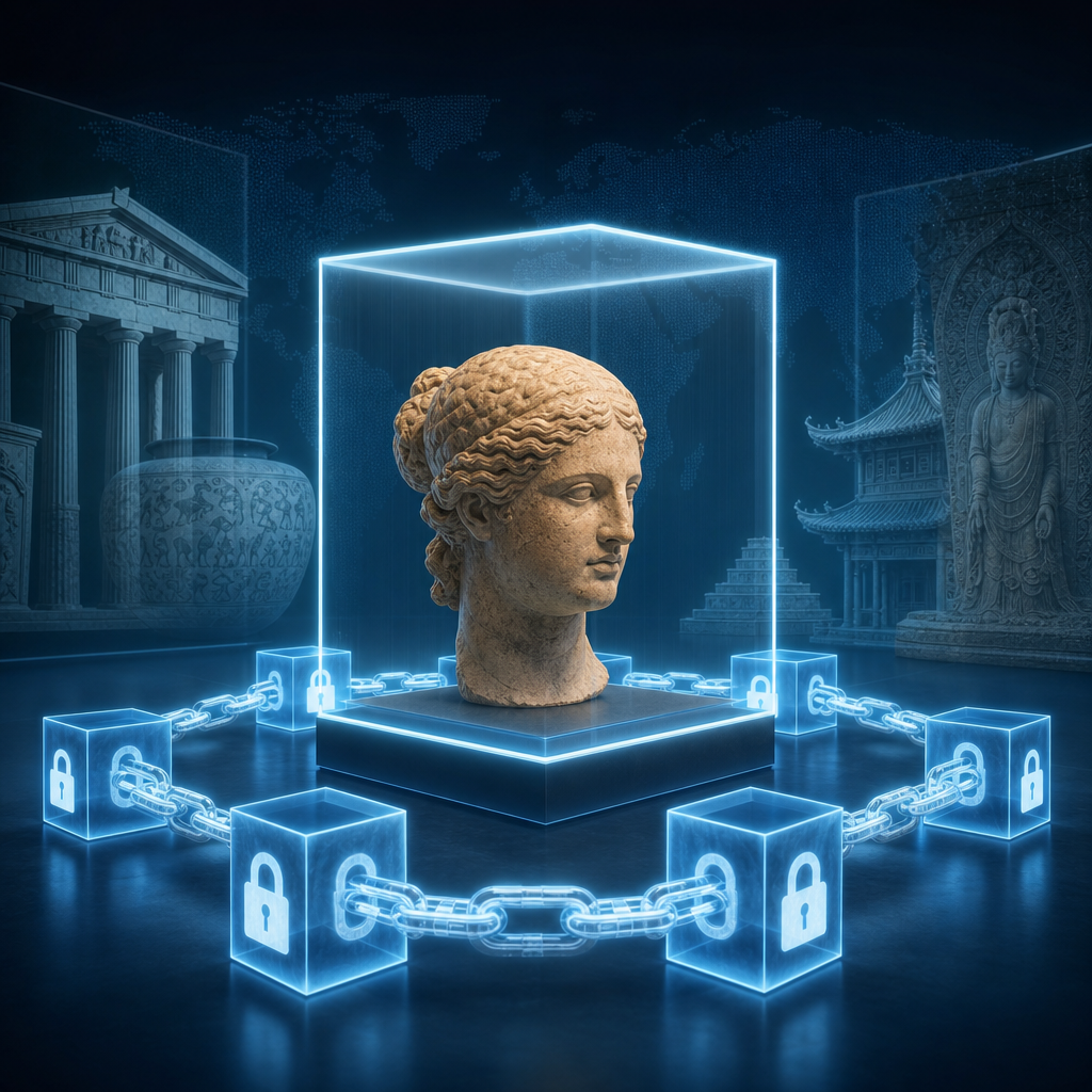 Ilustración de cómo Blockchain preserva el patrimonio cultural, simbolizando la seguridad y transparencia en un estilo artístico moderno.