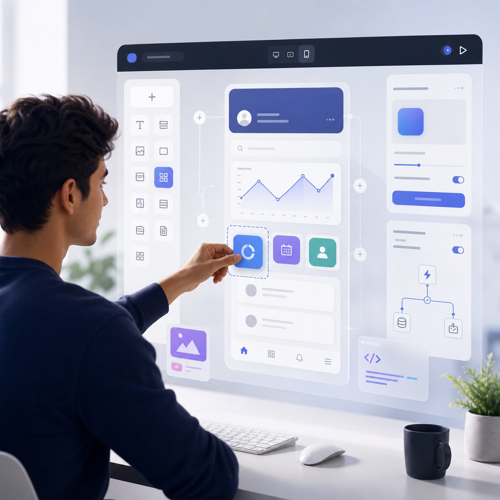 Ilustración de un emprendedor joven usando una plataforma no-code para crear una aplicación empresarial moderna elegantemente.