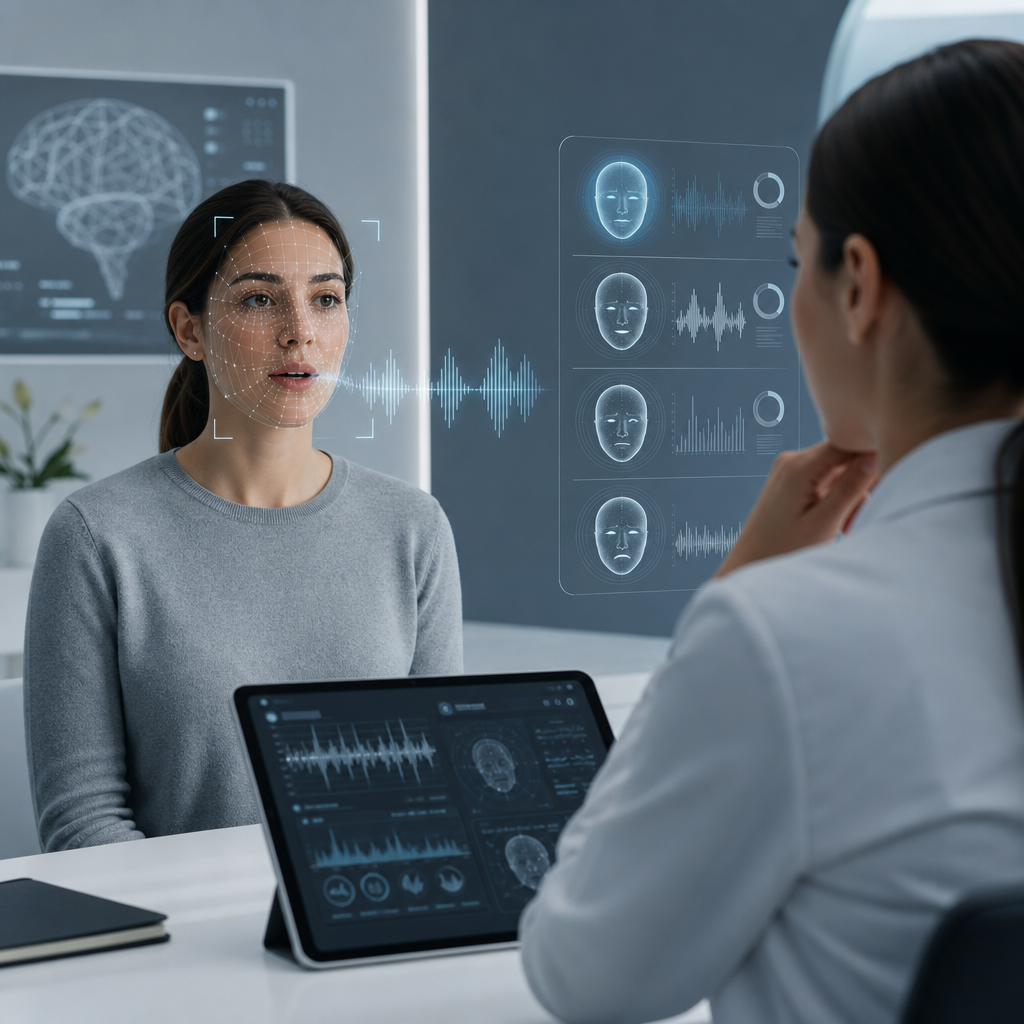 Algoritmos analizando emociones humanas a través del reconocimiento facial y voz, en un entorno clínico y digital