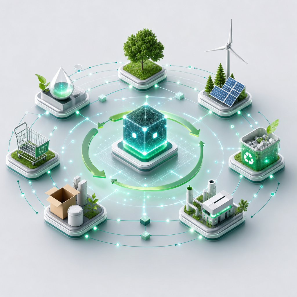Ilustración digital de un ecosistema de Blockchain gestionando recursos sostenibles en economía circular con algoritmos regenerativos