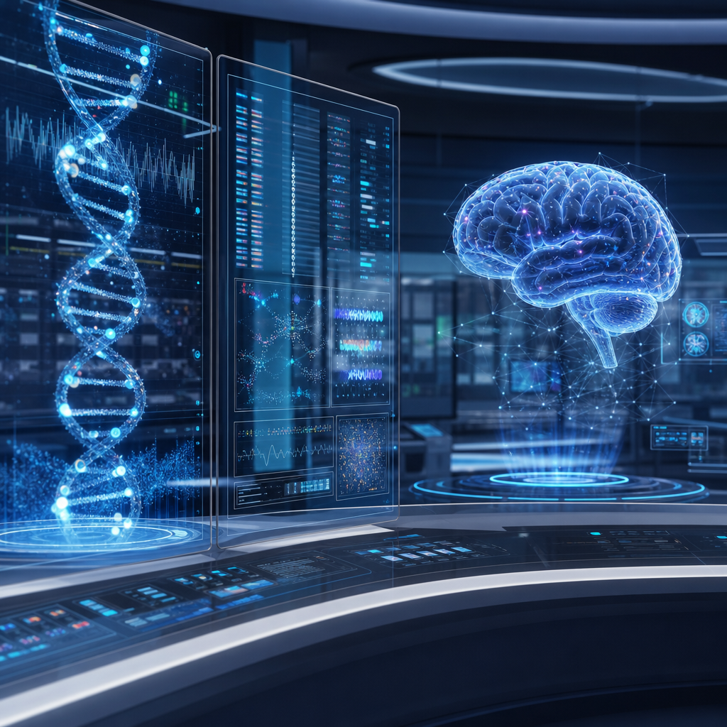 Visualización de tecnologías de secuenciación genética y mapeo neurológico avanzado en un entorno digital futurista