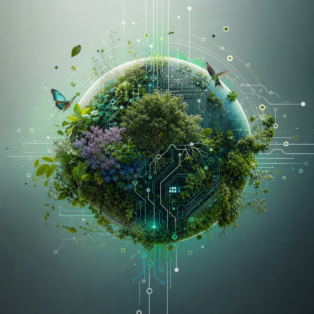 Concepto visual creativo de algoritmos de biodiversidad digital con naturaleza y circuitos tecnológicos interconectados