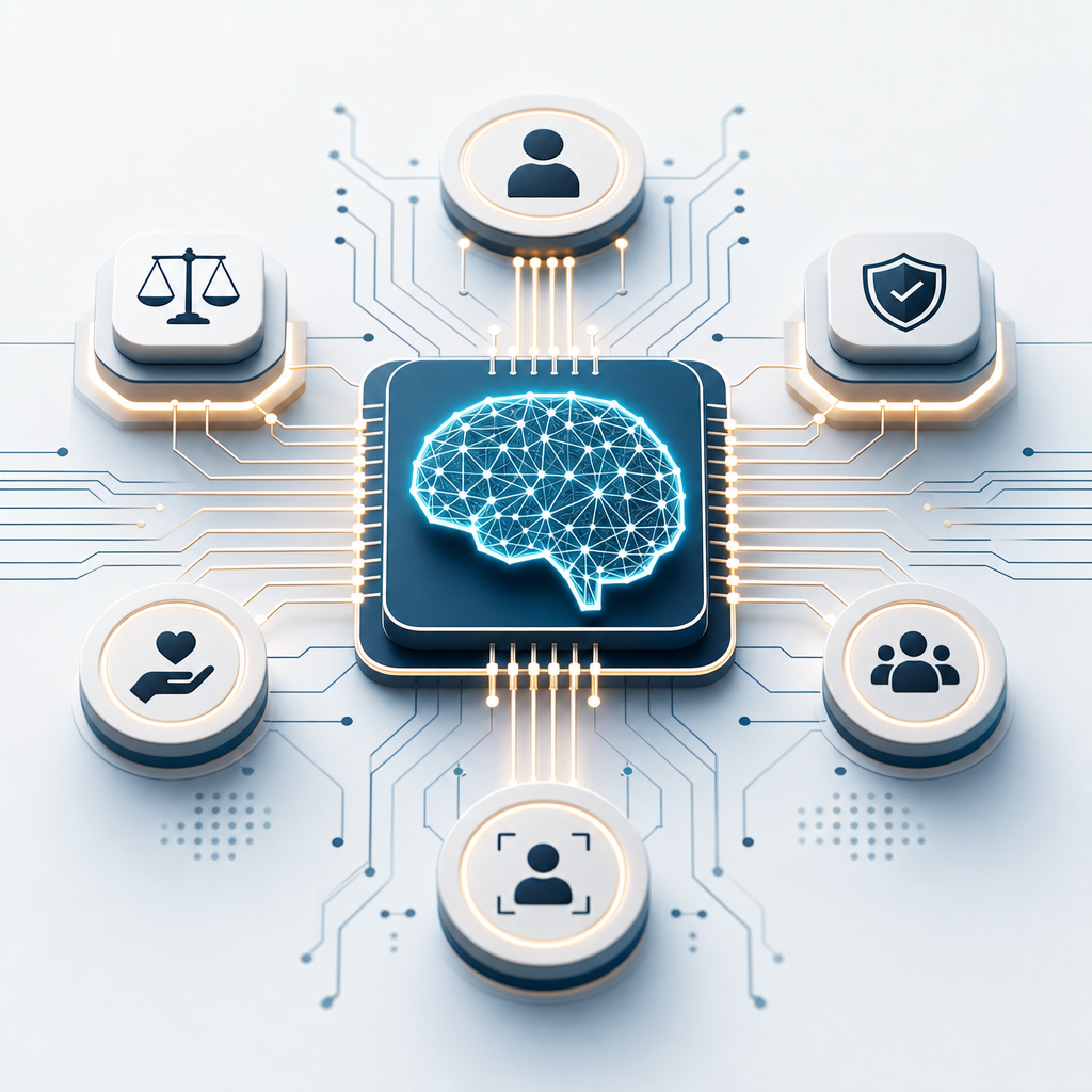 Una ilustración moderna y editorial de sensores éticos integrados en un circuito de inteligencia artificial
