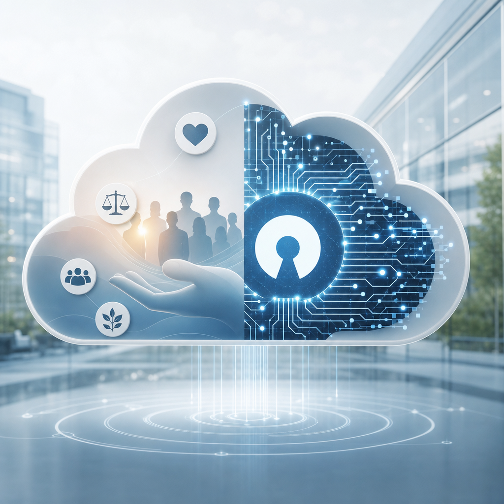 Nube digital ética integrando valores humanos con código abierto en un entorno moderno y profesional