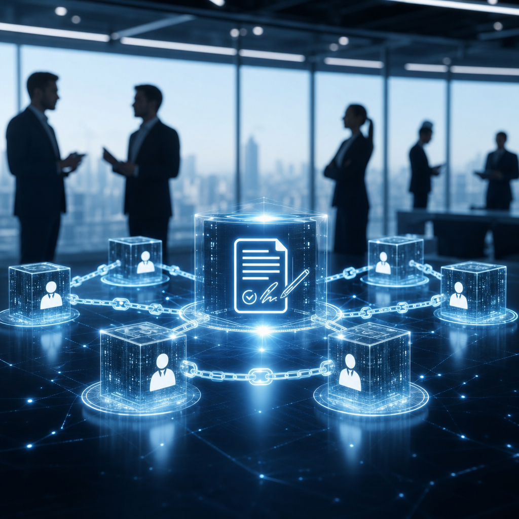 Ilustración moderna de una red de blockchain ejecutiva con contratos de liderazgo inteligentes en un entorno corporativo digital