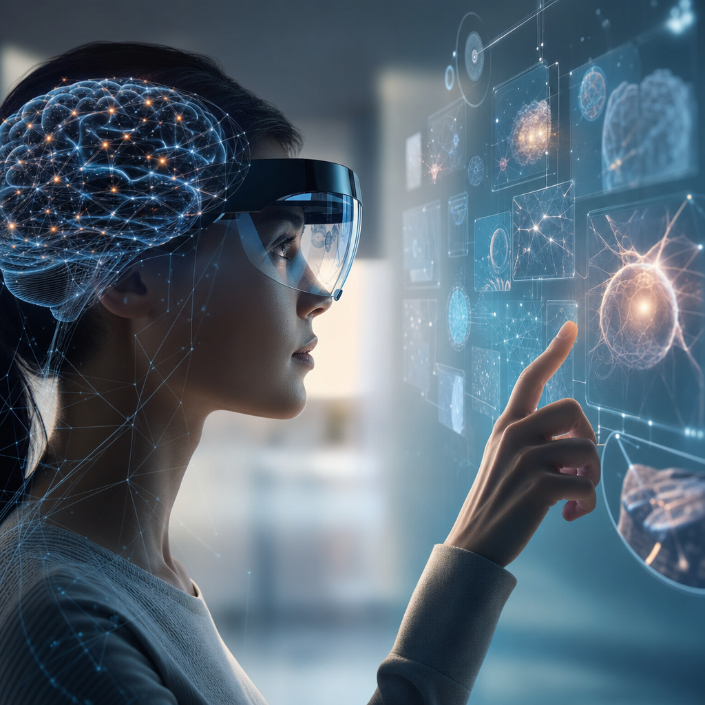 Cerebro humano interactuando con un entorno digital, integración de neurociencia y realidad mixta en un estilo moderno editorial.