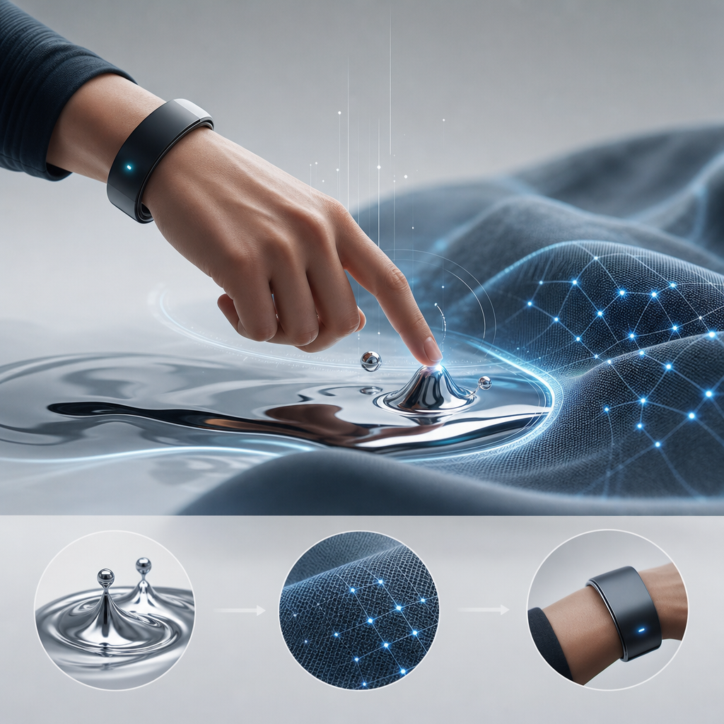Una ilustración de un dispositivo interactuando con metales líquidos y tejidos inteligentes mostrando cómo transforma la interacción humana-material