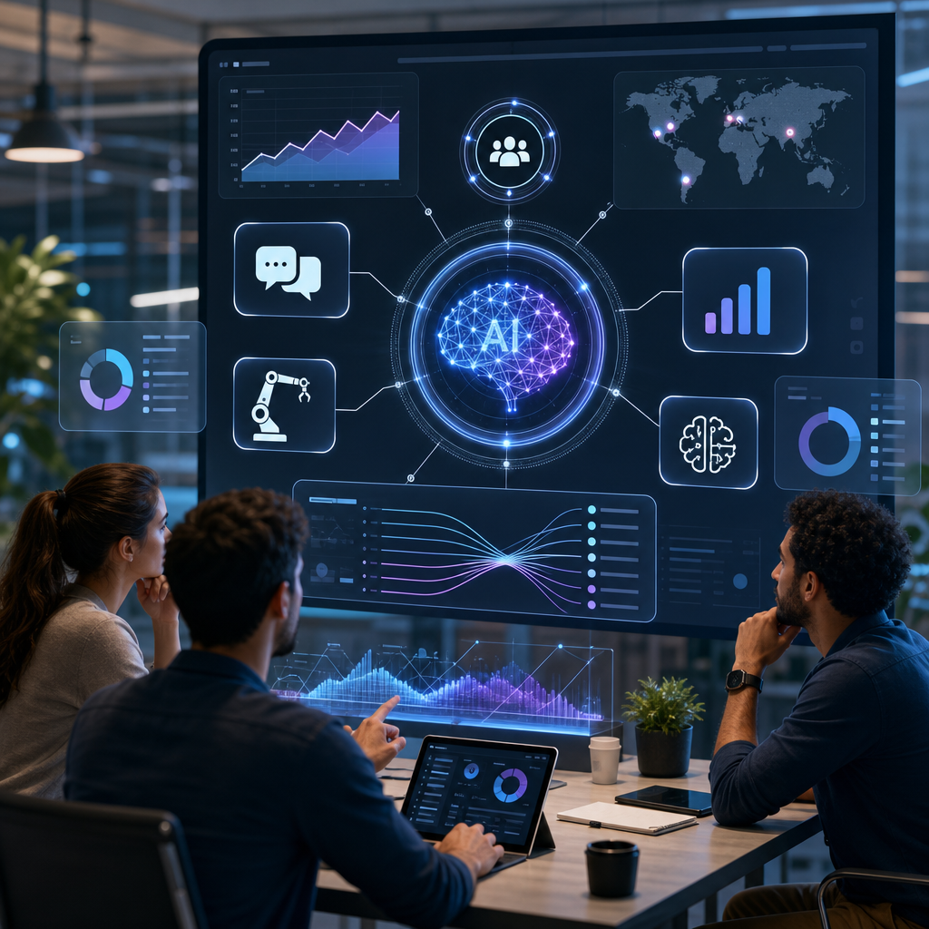 Ilustra herramientas de IA modernas aplicadas en startups para toma de decisiones en tiempo real de manera visualmente atractiva