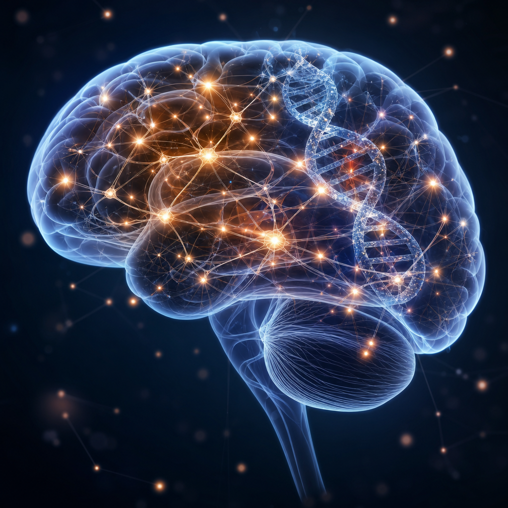 Cerebro humano con representación de cadenas de ADN y conexiones neuronales iluminadas
