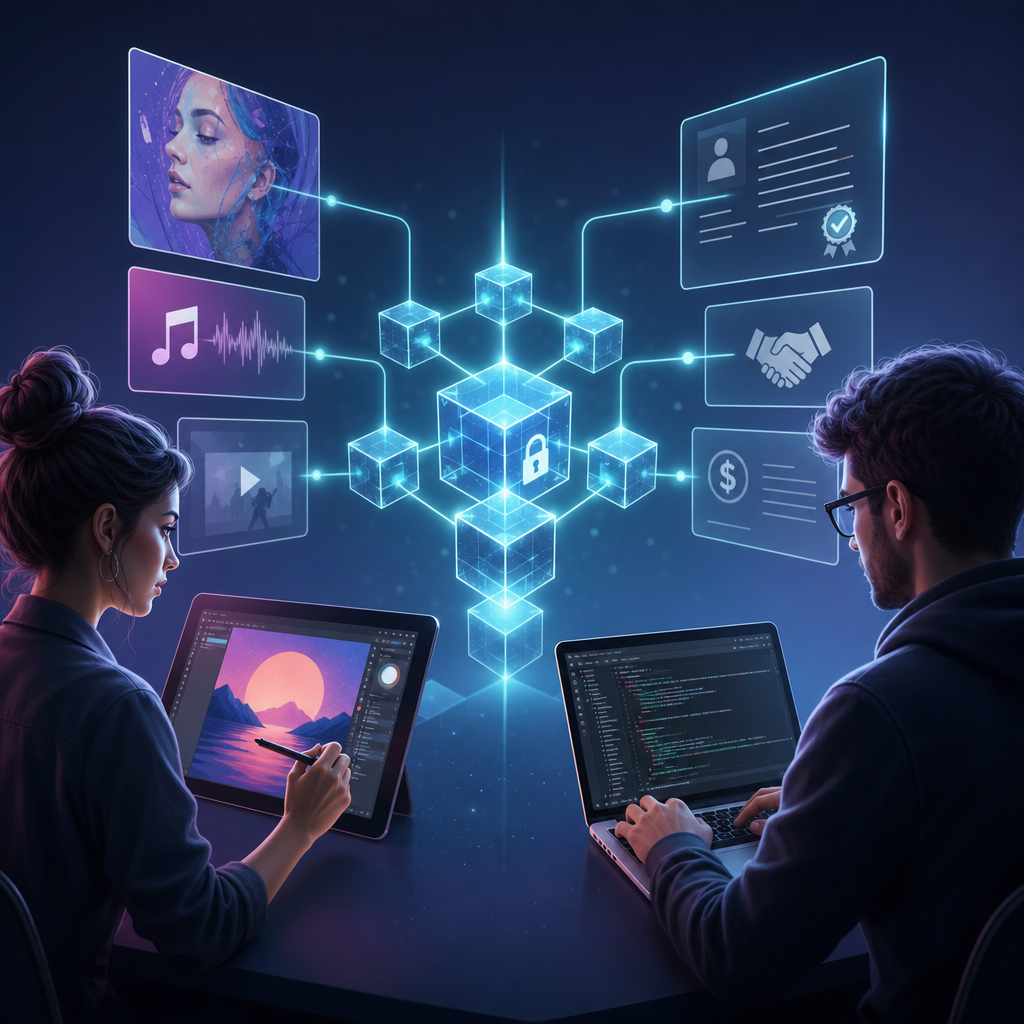 Artistas y desarrolladores utilizando tecnología blockchain para gestionar sus derechos de autor y licencias de manera dinámica