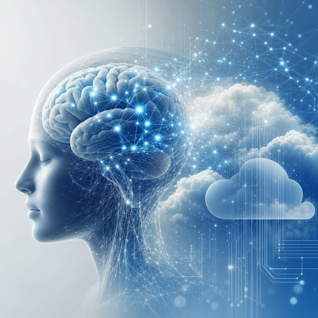 Representación futurista de redes neuronales en concepto biocognitivo, fusionando cerebro humano y tecnología en nube
