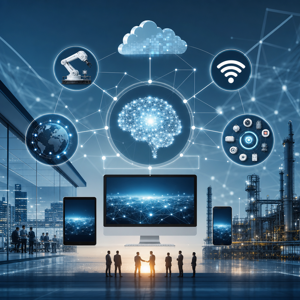 Montaje artístico de IA, IoT y redes trabajando en sincronía empresarial