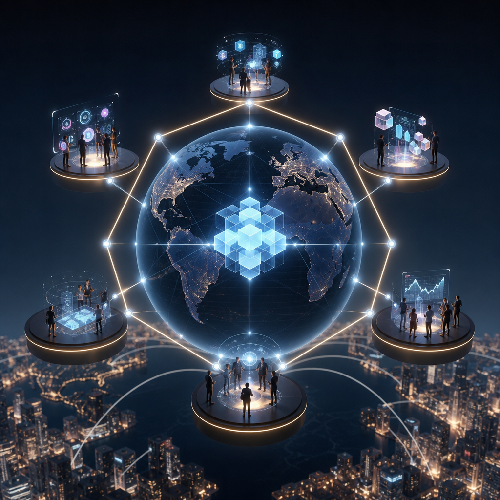 Representación visual del impacto futuro de DAOs en la economía global, estilo moderno y futurista