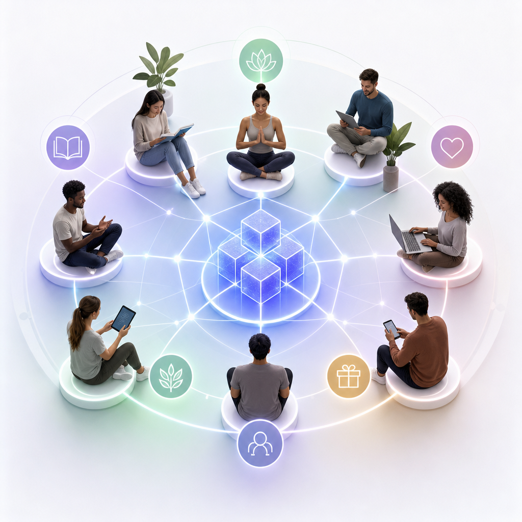 Ilustración conceptual de comunidad descentralizada de bienestar compartiendo conocimientos y recompensas a través de blockchain