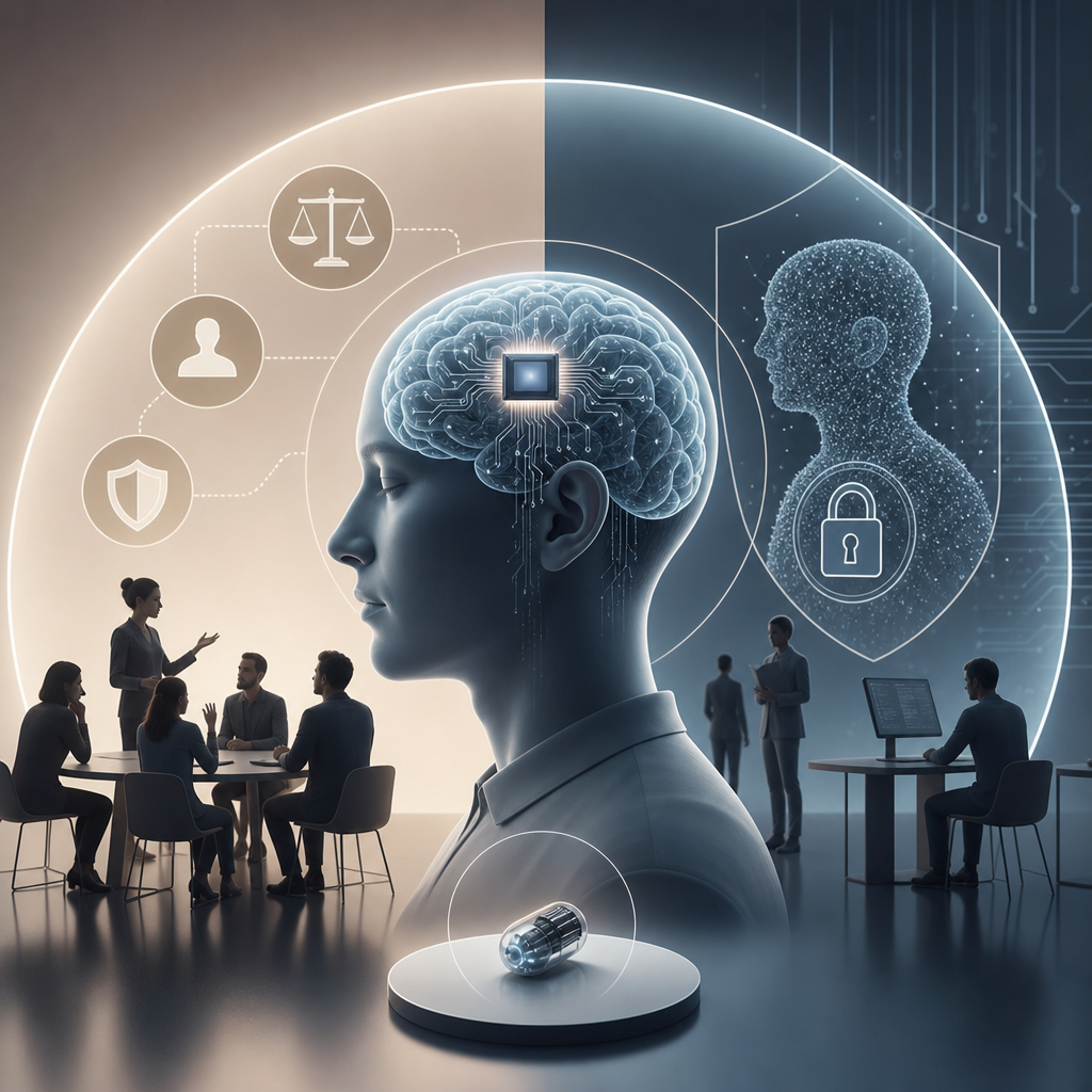 Ilustración moderna sobre debates éticos y privacidad en tecnología de nanodispositivos cognitivos