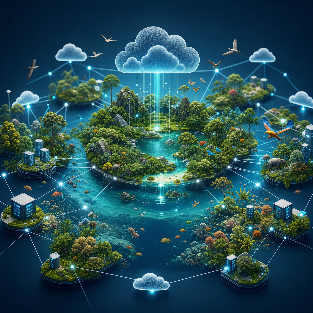 Ilustración de un ecosistema digital descentralizado, inspirado en la biodiversidad para optimizar redes de nubes