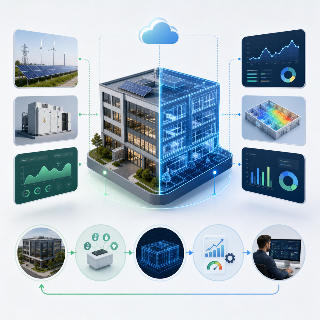 Infografía de un caso de uso real de gemelos digitales en proyectos de software de gestión energética