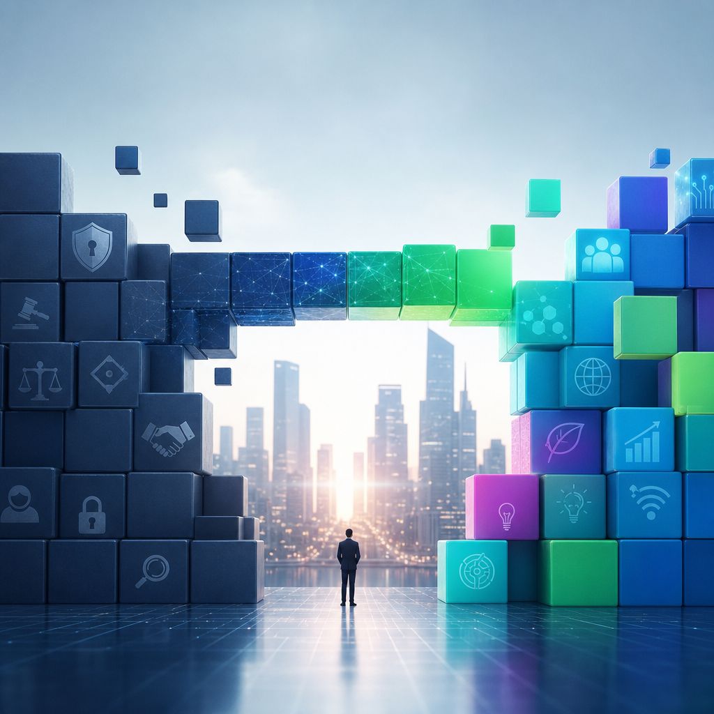 Futuro digital vibrante con bloques de construcción que representan desafíos y oportunidades en la gobernanza digital