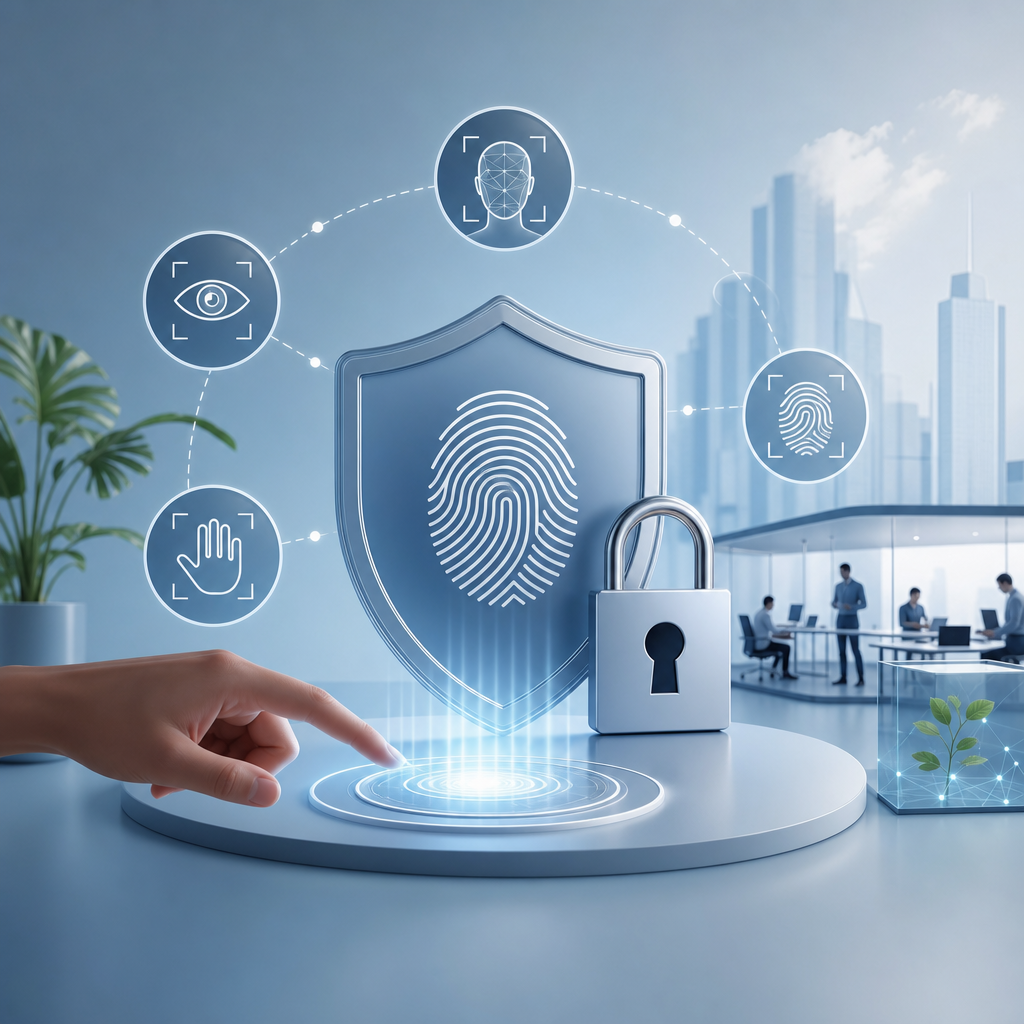 Representación conceptual de la privacidad y seguridad ética de datos biométricos en startups innovadoras