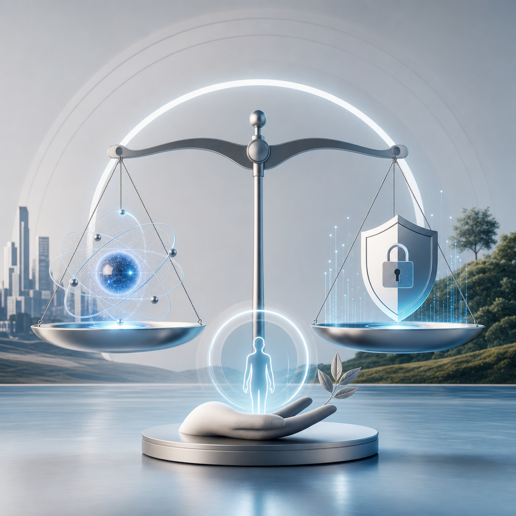 Filosofía de equilibrio entre tecnología cuántica, privacidad de datos y ética digital, un futuro seguro.