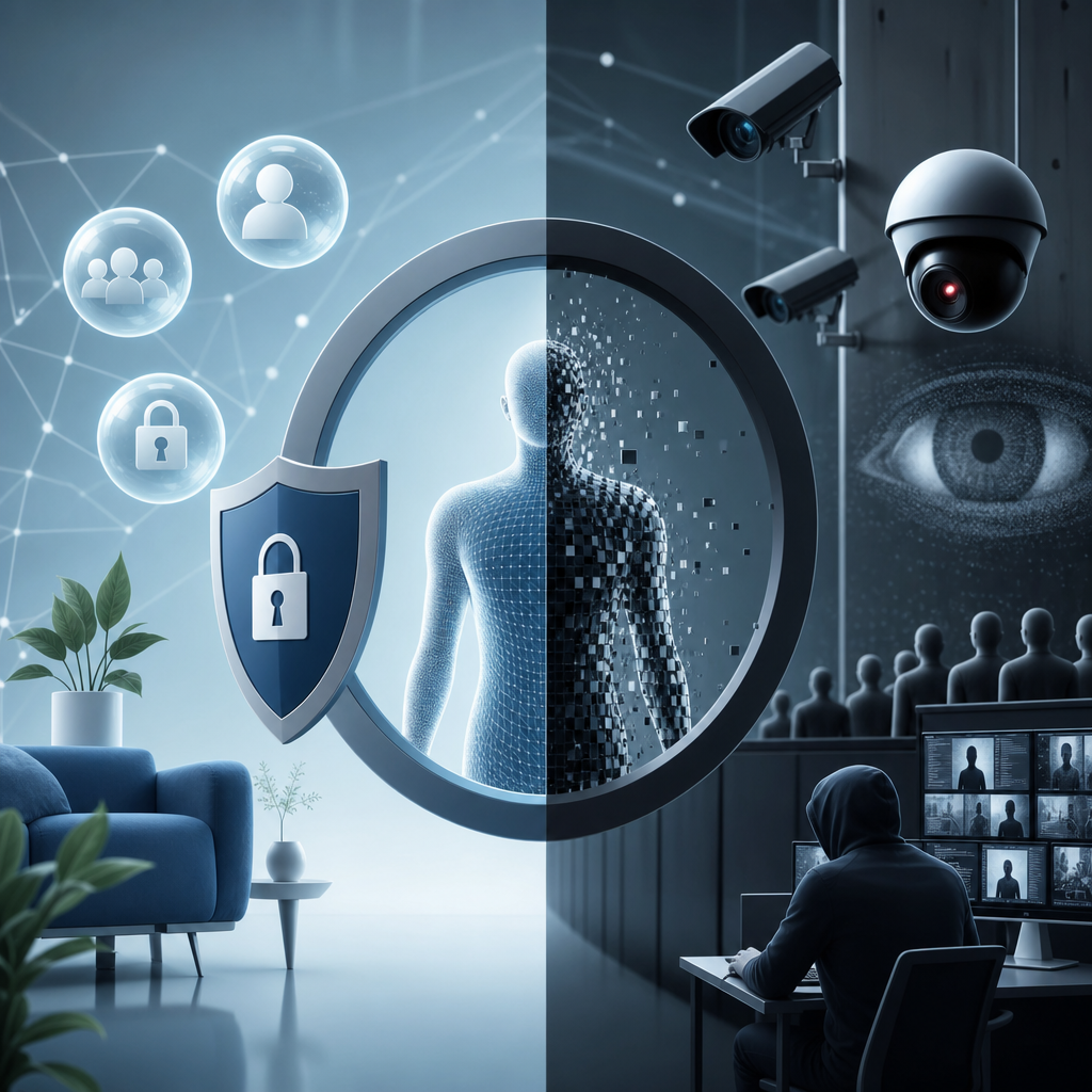 Análisis visual de consideraciones éticas y sociales dentro de entornos cibernéticos, resaltando privacidad y vigilancia
