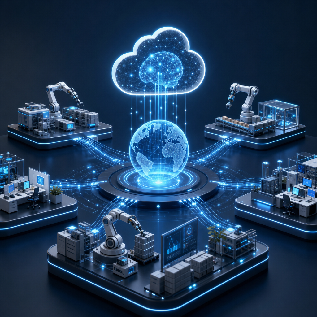 Concepto futurista de automatización empresarial global mediante inteligencia artificial en la nube