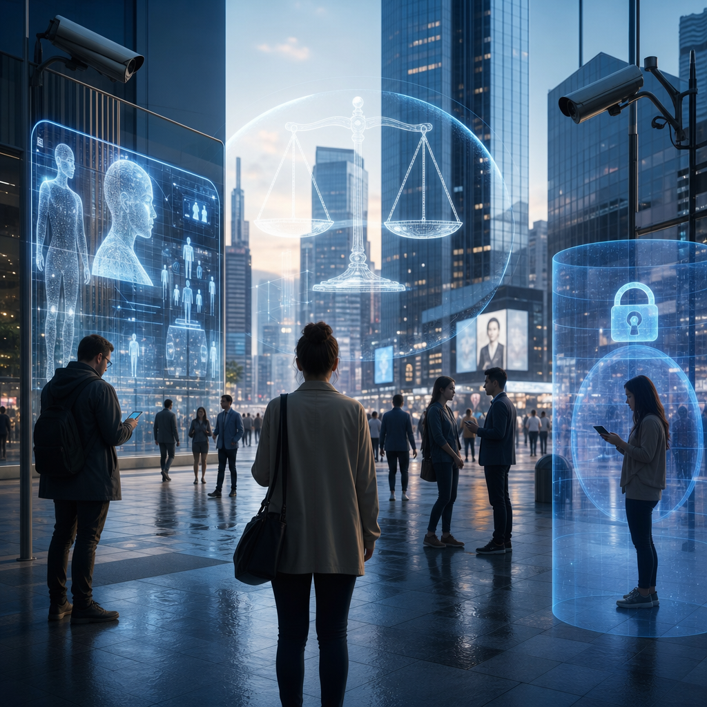Desafíos éticos hologramas, privacidad en espacios públicos, interacción digital y humana en ciudad moderna