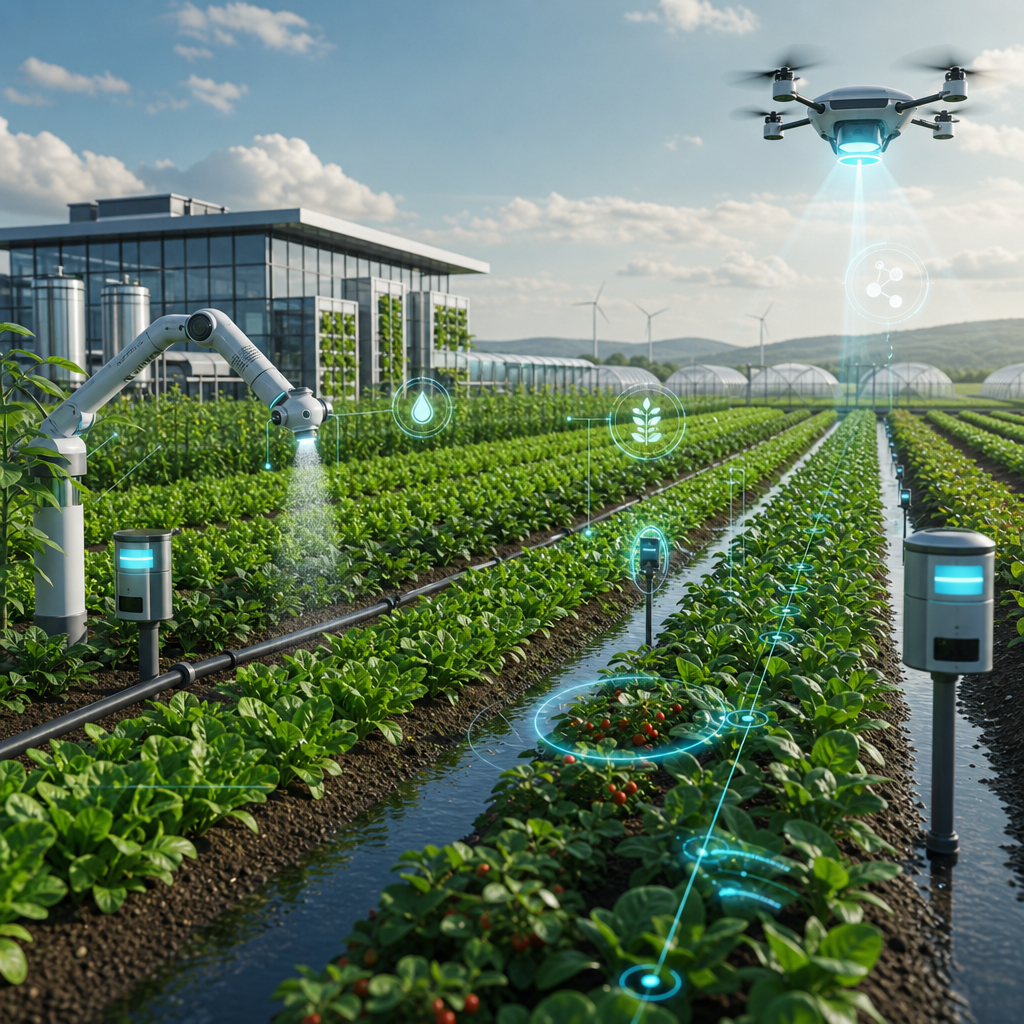 Imagen de un campo agrícola futurista donde sistemas de IA controlan agua y nutrientes para optimizar cultivos