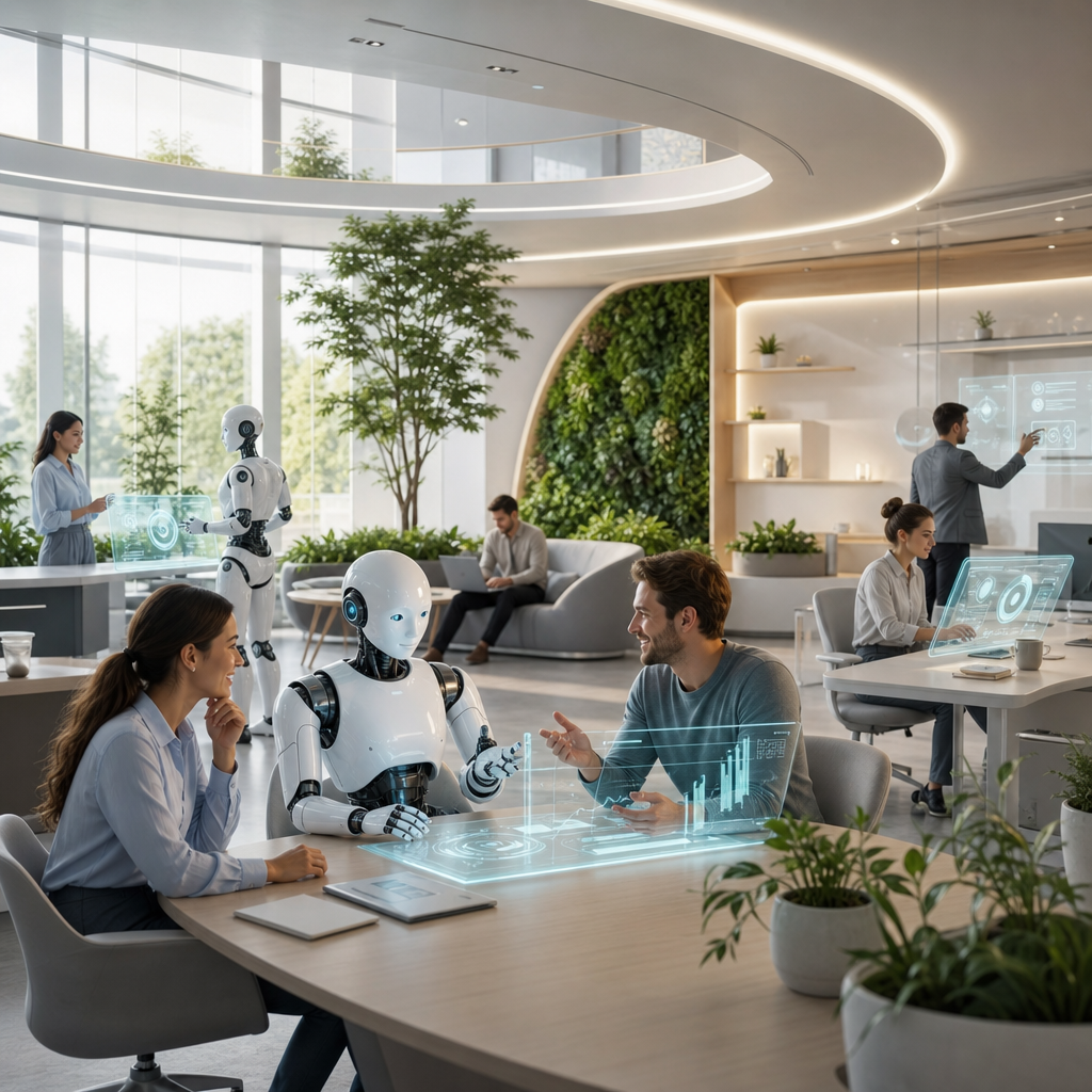 Futuro de un entorno laboral armonioso con IA y humanos colaborando conscientemente