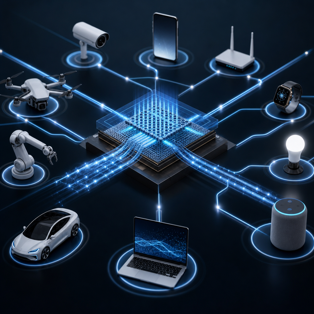 Representación del impacto de la nanofotónica en la conectividad de IoT con dispositivos y redes interconectadas