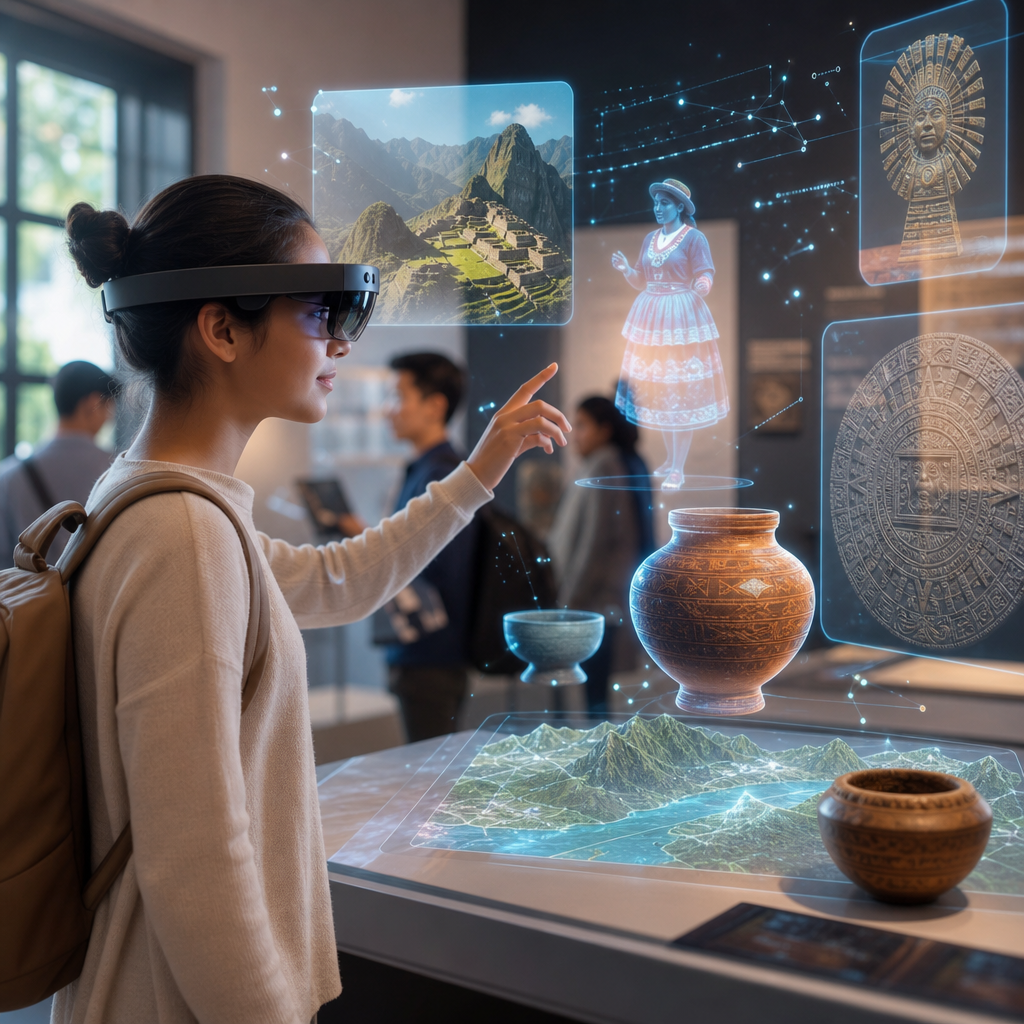 Experiencia educativa inmersiva con realidad aumentada mostrando memorias culturales digitales de manera interactiva.