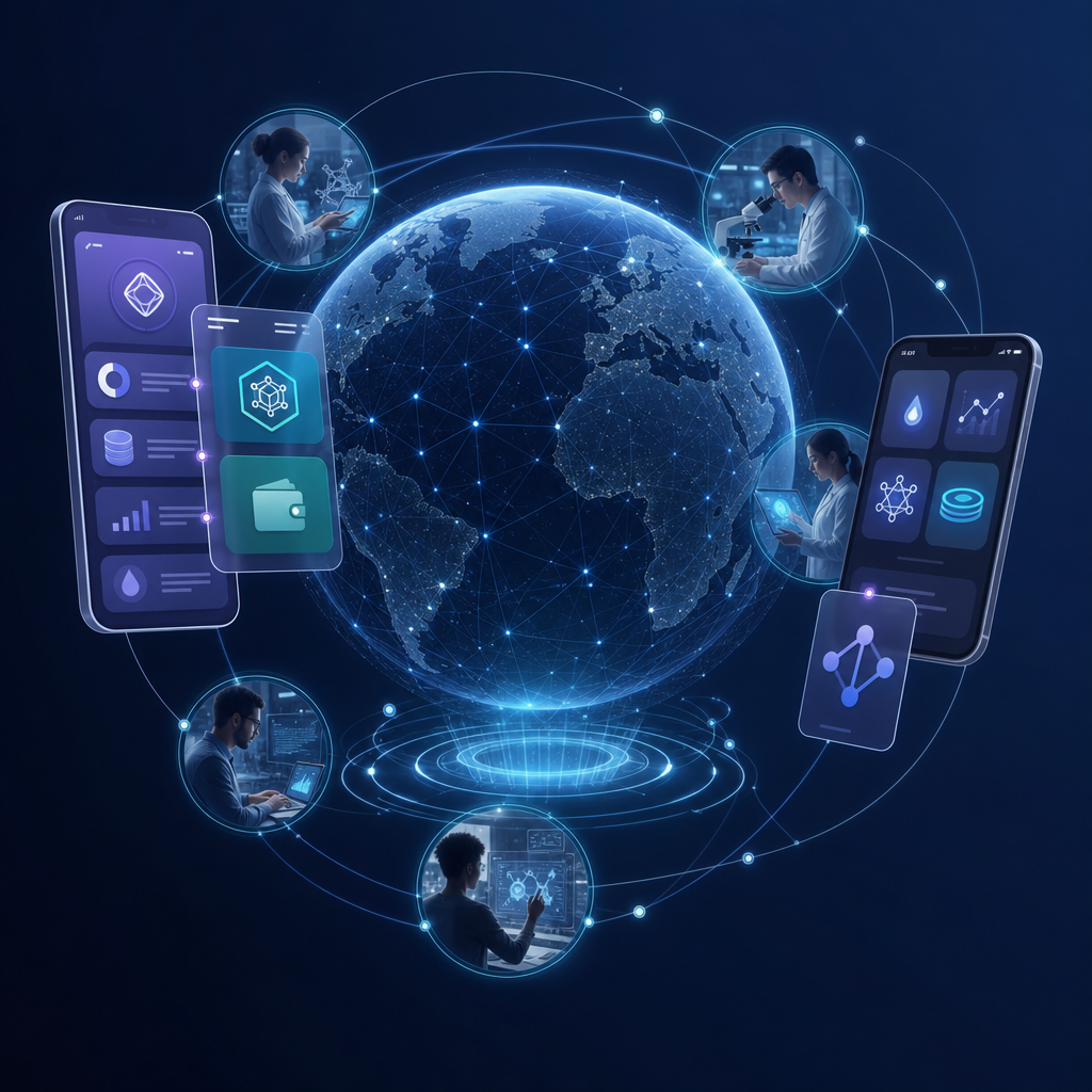 Visualización de apps de tecnologías DeFi y redes científicas colaborativas globalmente interconectadas