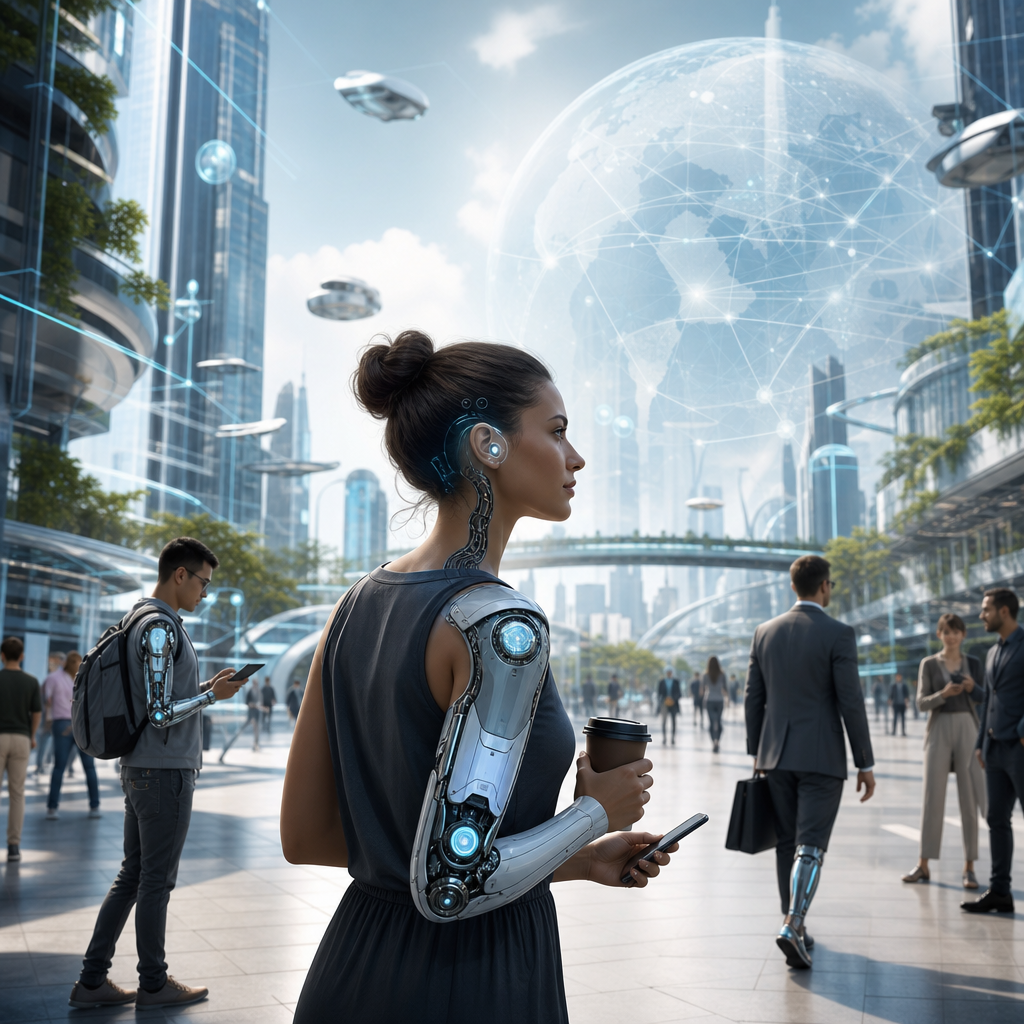Futurista visión de implantes biónicos integrados en la vida diaria urbana, conectados a redes globales