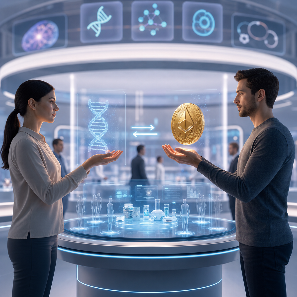 Personas intercambiando datos genéticos con criptomonedas en mercado digital biotecnológico
