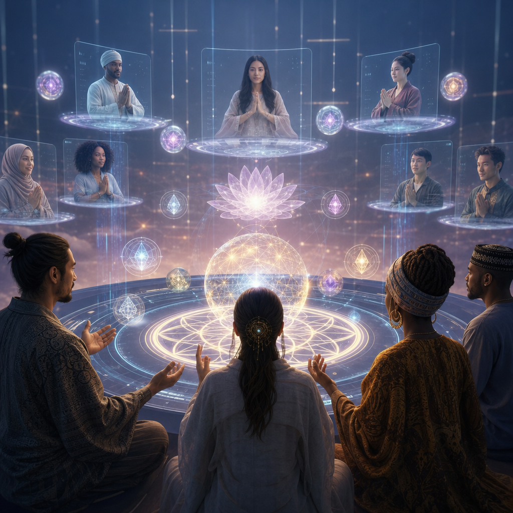 Ritual espiritual virtualmente tokenizado, participantes de diversas etnias interactuando en un entorno digital