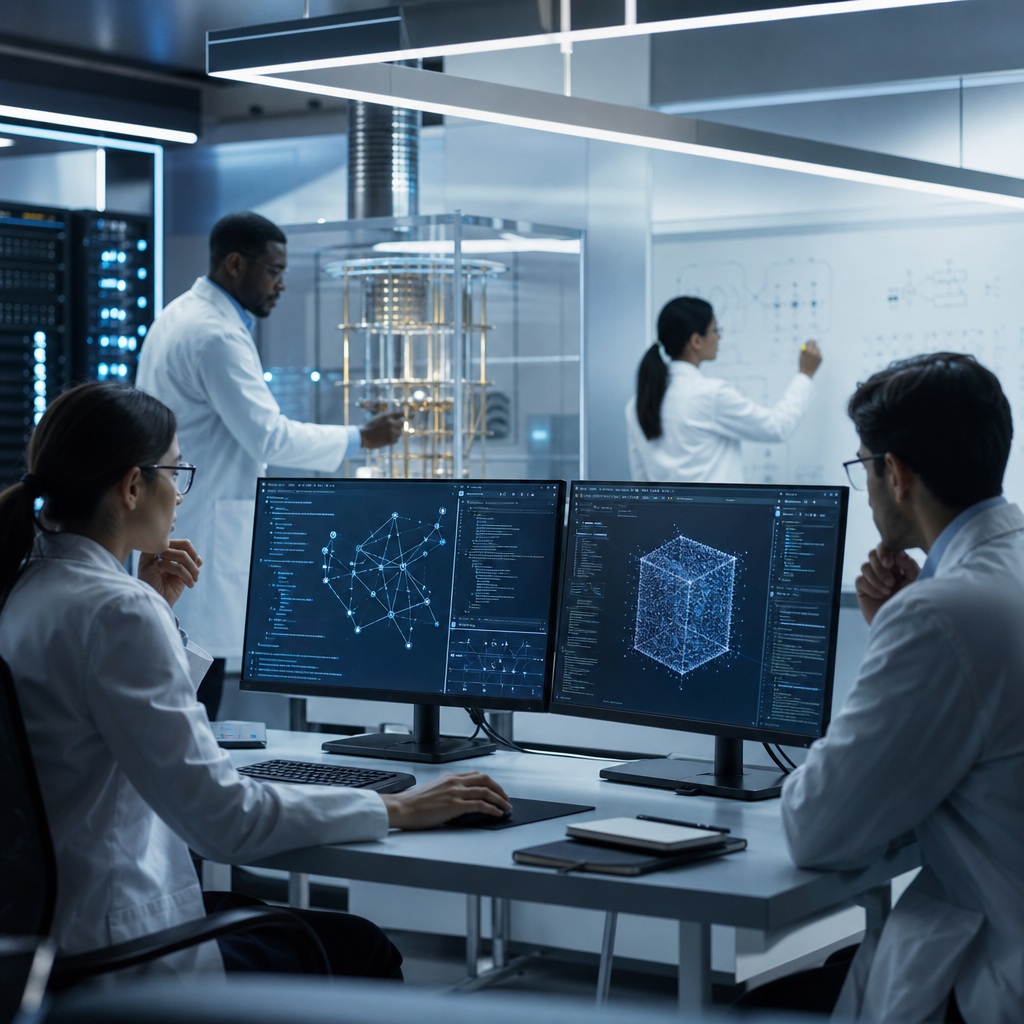 Científicos y profesionales de seguridad informática desarrollando algoritmos post-cuánticos en un laboratorio tecnológico moderno