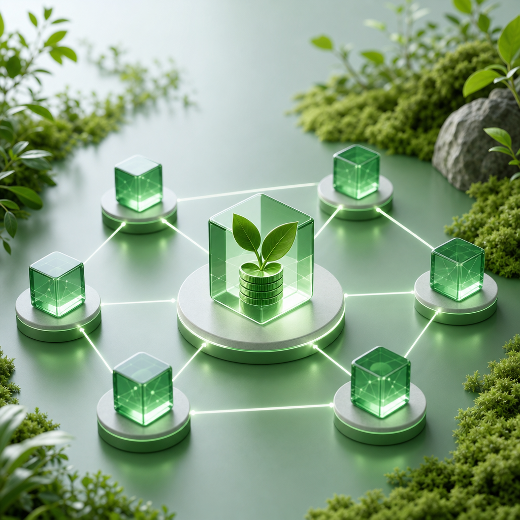 Representación artística de tecnología blockchain eco-friendly con un enfoque en proof-of-stake y reducción de impacto ambiental