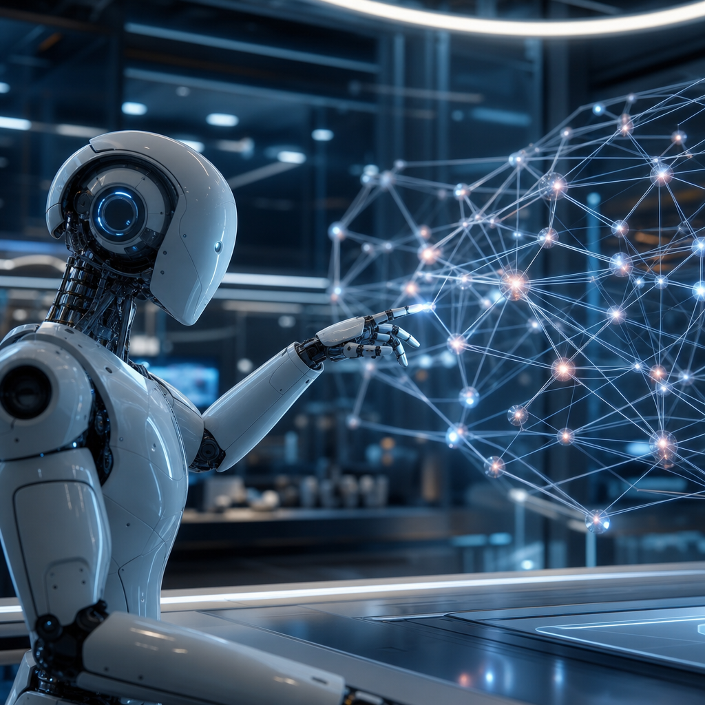 Visualización artística de un robot interactuando con una red de neuronas sintéticas en un laboratorio futurista