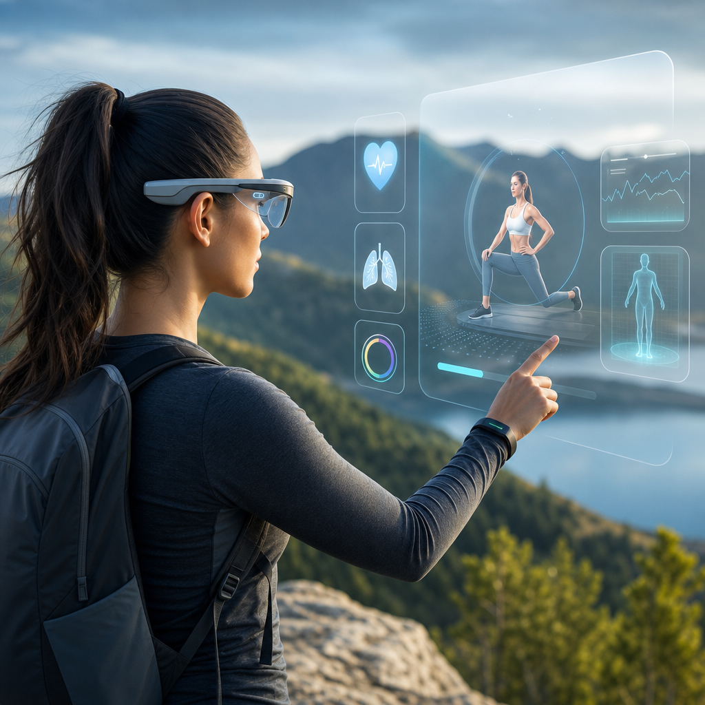 Mujer usando gafas AR, mostrando un entrenamiento guiado con monitoreo de salud, naturaleza de fondo