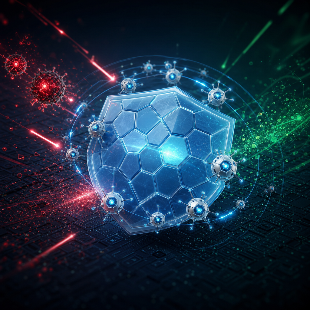 Nanoescudos reaccionando a cambios ambientales en una simulación de ataque digital, estilo moderno y futurista