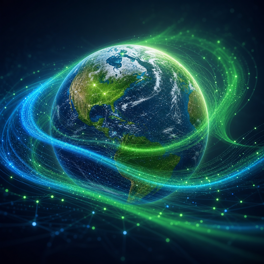 Un planeta Tierra con auroras de energía digital, simbolizando la sostenibilidad en la tecnología moderna