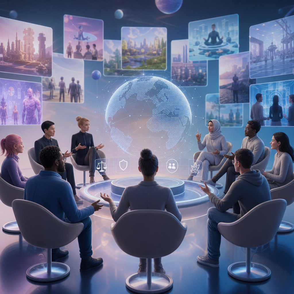 Comunidad global discutiendo ética y desarrollo justo del metaverso en foro virtual