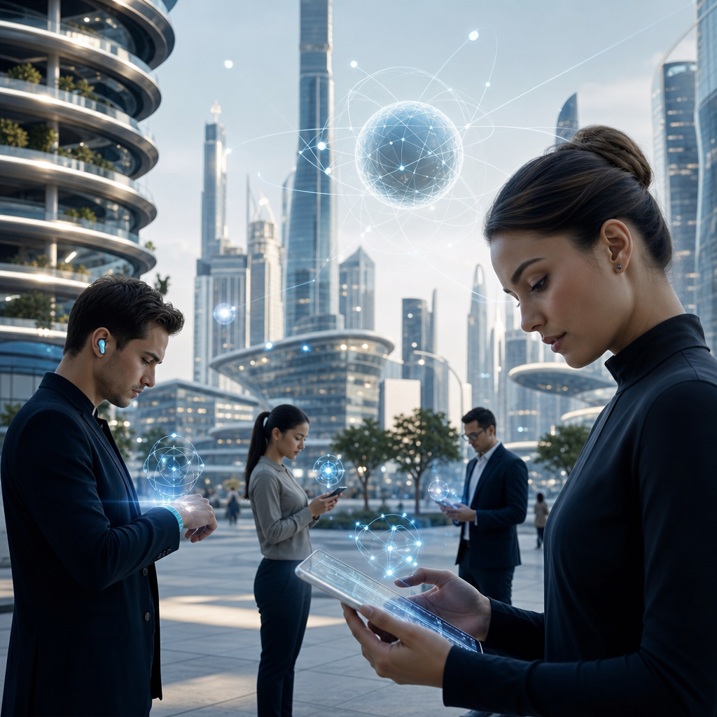 Personas utilizando dispositivos personales avanzados con tecnología cuántica en un entorno urbano moderno