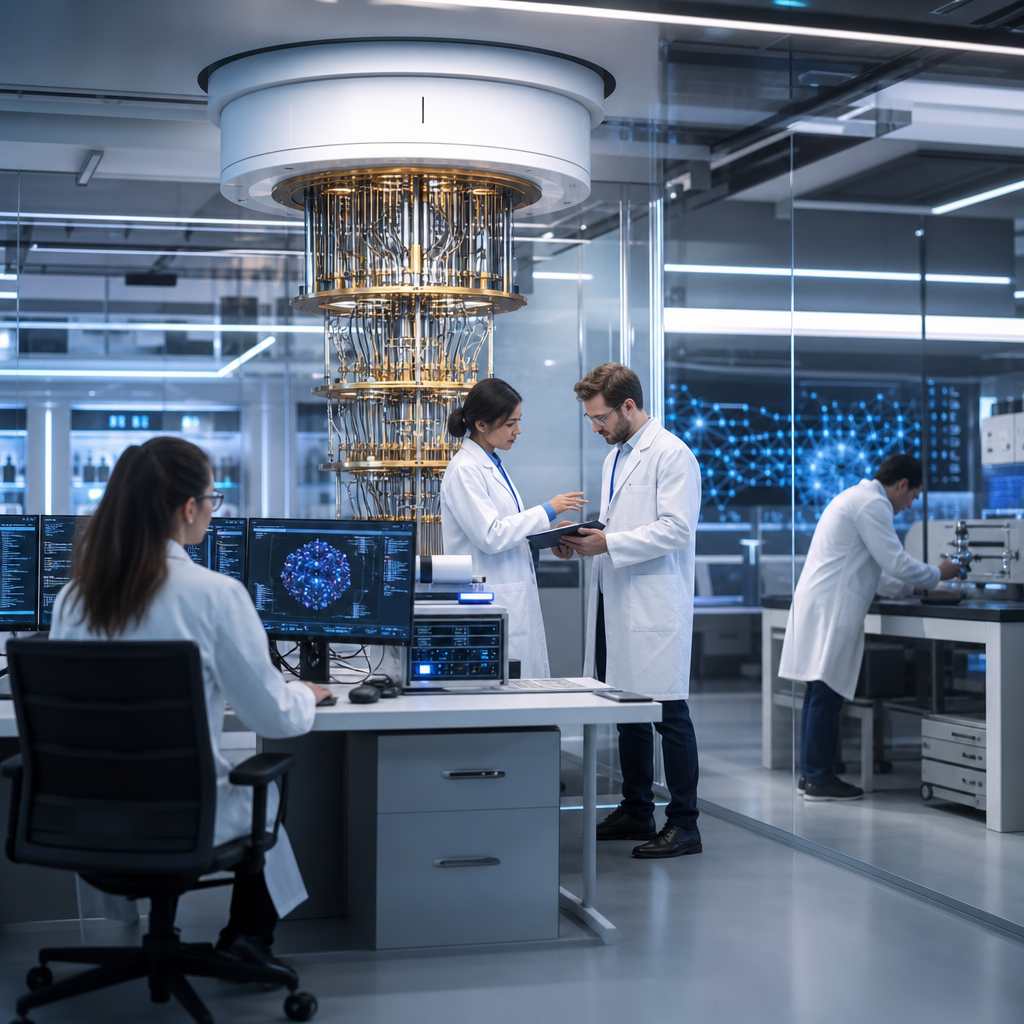 Laboratorio de investigación de computación cuántica con equipos modernos y científicos colaborando