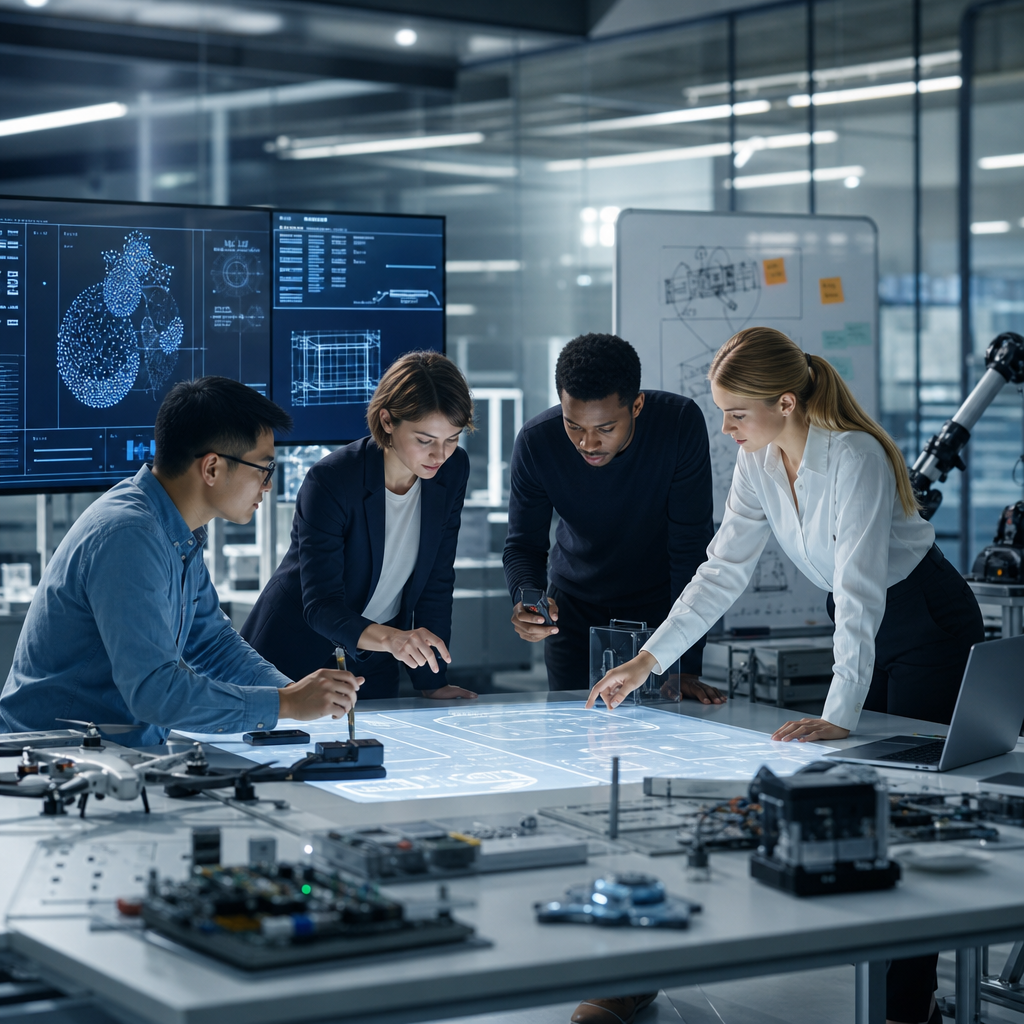 Innovadores multidisciplinarios colaborando en laboratorio tecnológico futurista con pantallas digitales y tableros